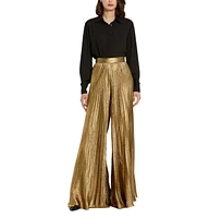 Mac Duggal Women's Metallic Lame Pleated Wide Leg Pant