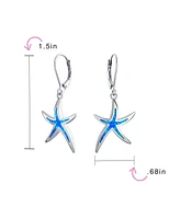 Bling Jewelry Nautical Aquatic Tropical Beach Vacation Iridescent Synthetic Blue Opal Inlay Starfish Dangle Drop Lever back Earrings For Women Sterlin