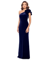 Betsy & Adam Women's Asymmetric Ruffled Sleeveless Velvet Gown