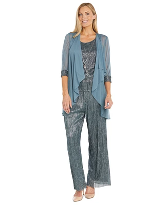 R & M Richards Women's 3-Pc. Crinkle Metallic Top Pants and Sheer Jacket