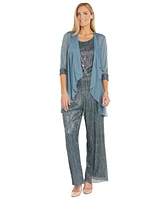 R & M Richards Women's 3-Pc. Crinkle Metallic Top Pants and Sheer Jacket