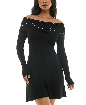 Bcx Juniors' Embellished Off-The-Shoulder Sweater Dress