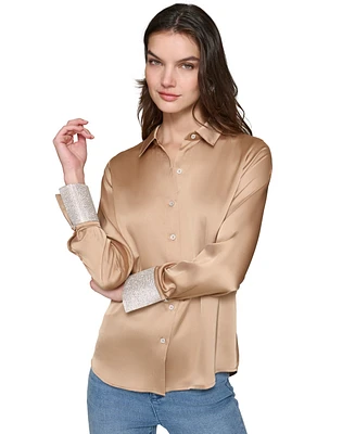 Karl Lagerfeld Paris Women's Rhinestone-Cuff Button-Down Top