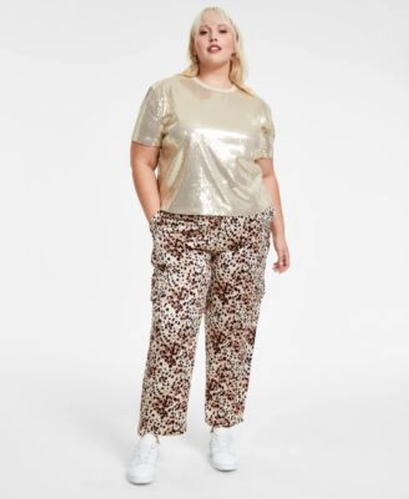 Bar Iii Trendy Plus Size Boxy Cropped Sequin Top Cheetah Print Shine Cargo Satin Pants Created For Macys