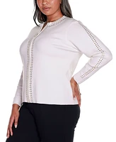 Belldini Black Label Plus Size Crewneck Embellished Zip Cardigan Sweater