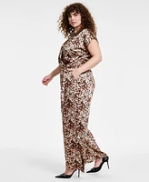 Bar Iii Trendy Plus Short-Sleeve Wrap-Front Belted Satin Jumpsuit, Created for Macy's