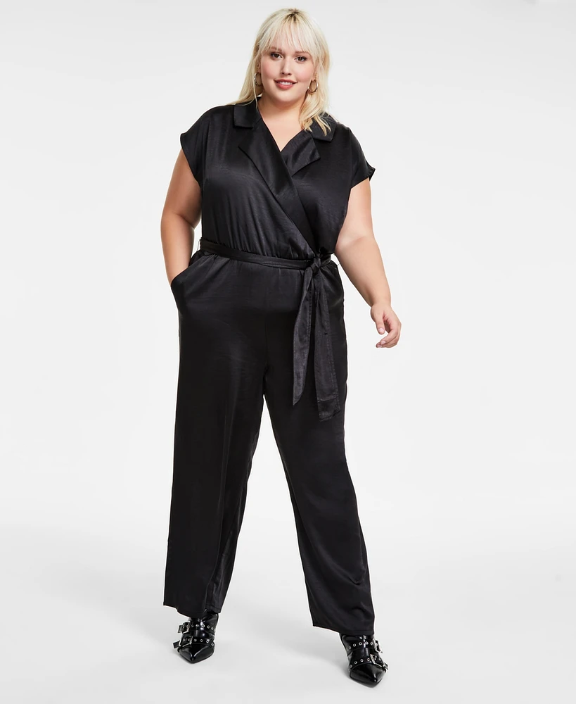 Bar Iii Trendy Plus Short-Sleeve Wrap-Front Belted Satin Jumpsuit, Created for Macy's