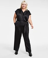 Bar Iii Trendy Plus Short-Sleeve Wrap-Front Belted Satin Jumpsuit, Created for Macy's