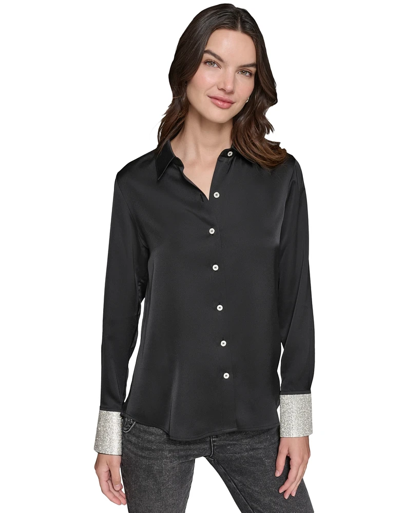 Karl Lagerfeld Paris Women's Rhinestone-Cuff Button-Down Top