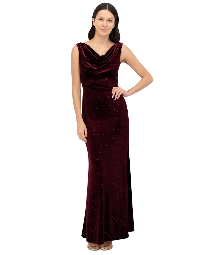 Eliza J Petite Cowlneck Velvet Rhinestone-Dotted Evening Gown