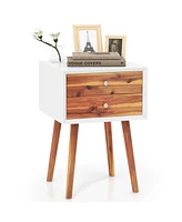 Gymax 2PCS Wooden Nightstand Mid-Century End Side Table W/2 Storage Drawers Brown