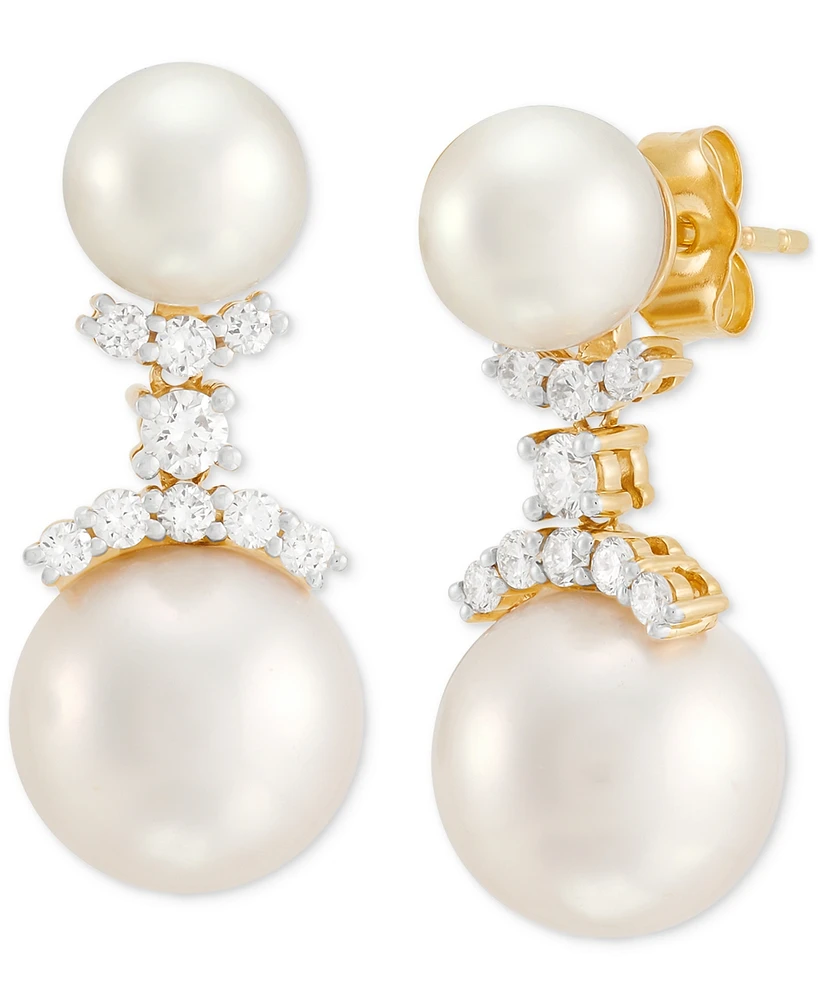 Grown With Love Cultured Freshwater Pearl (7 & 10-1/2mm) & Lab Grown Diamond (3/8 ct. t.w.) Double Drop Earrings in 14k Gold