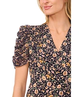 CeCe Women's Floral V-Neck Short Puff Sleeve Top