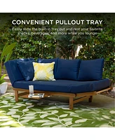 Best Choice Products Outdoor Convertible Acacia Wood Futon Sofa w/ Pullout Tray, 4 Pillows, All-Weather Cushion - Navy