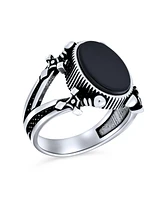 Bling Jewelry Unisex Urban Biker Jewelry Large Statement Oval Flat Natural Black Onyx Signet Double Sword Ring For Men Oxidized .925 Sterling Silver