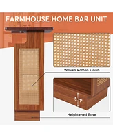 Tribesigns Rattan Home Bar Unit, Farmhouse 4-Tier Bar Table with 4 Stemware Racks and Heightened Base, Caramel Brown