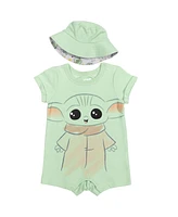 Starwars Baby Boys Star Wars The Mandalorian Grogu Yoda R2-D2 Chewbacca C-3PO Romper and Bucket Sun Hat Newborn to