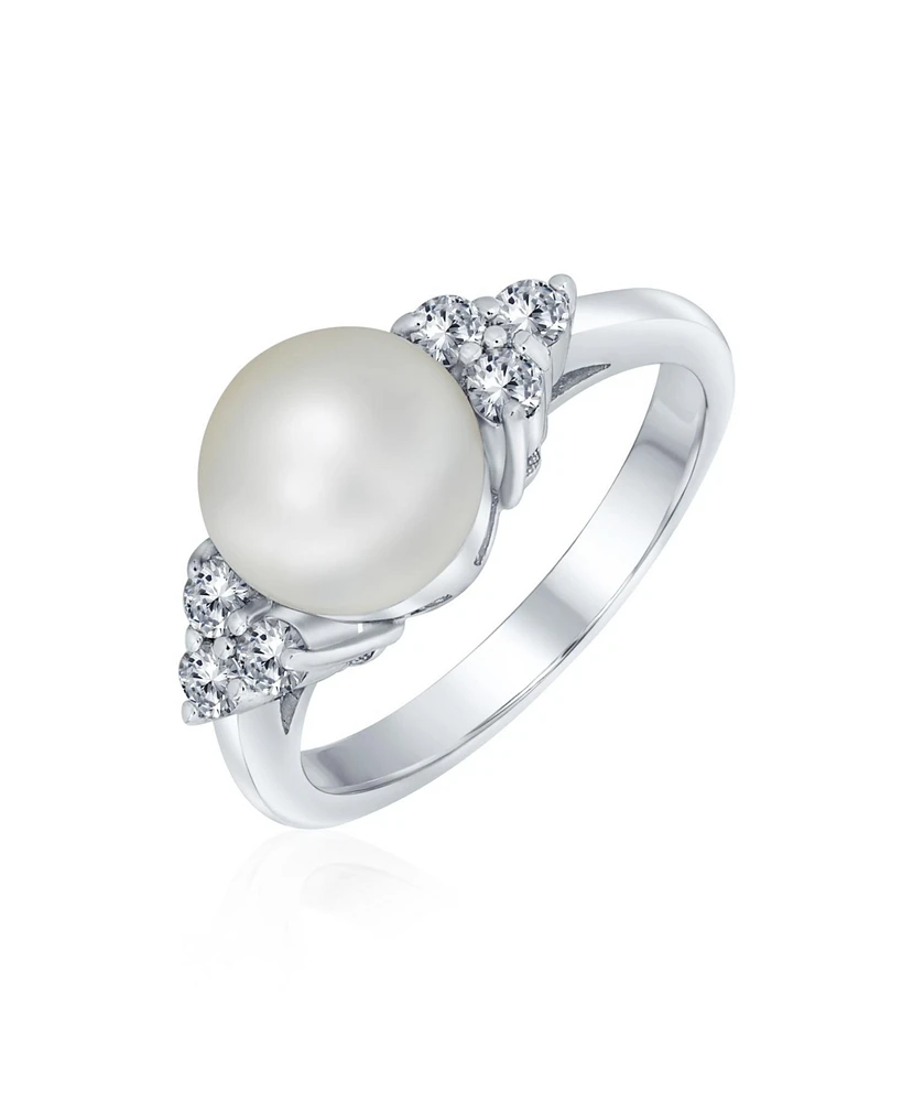 Bling Jewelry Party Cz Halo Side Stones White Solitaire Freshwater Cultured Pearl Cocktail Ring For Women .925 Sterling Silver