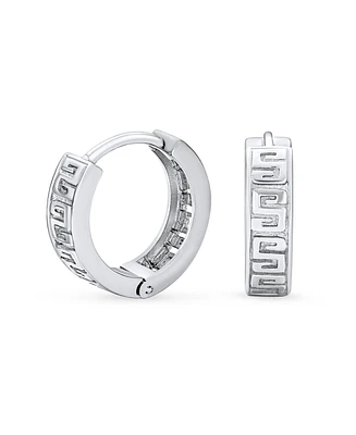 Bling Jewelry Cutout European Greek Key Design Huggie Hoop Earrings For Women Men .925 Sterling Silver Polished Hinged Diameter 0.65 Inch