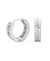 Bling Jewelry Cutout European Greek Key Design Huggie Hoop Earrings For Women Men .925 Sterling Silver Polished Hinged Diameter 0.65 Inch