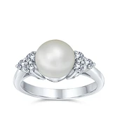 Bling Jewelry Bridal Party Cz Halo Side Stones White Solitaire Freshwater Cultured Pearl Engagement Cocktail Ring For Women .925 Sterling Silver