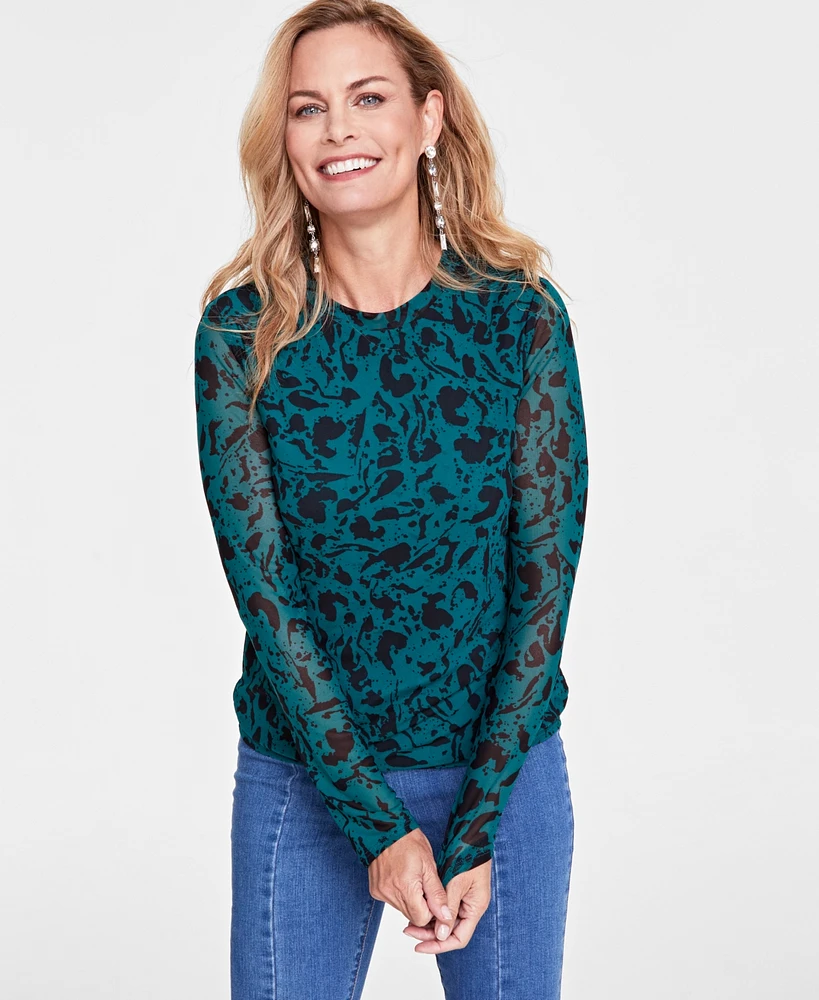 I.n.c. International Concepts Women's Printed Mesh Crewneck Top, Created for Macy's