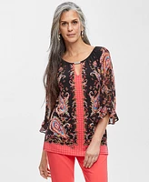 Jm Collection Women's Printed Ruffle Chiffon-Sleeve Top, Created for Macy's