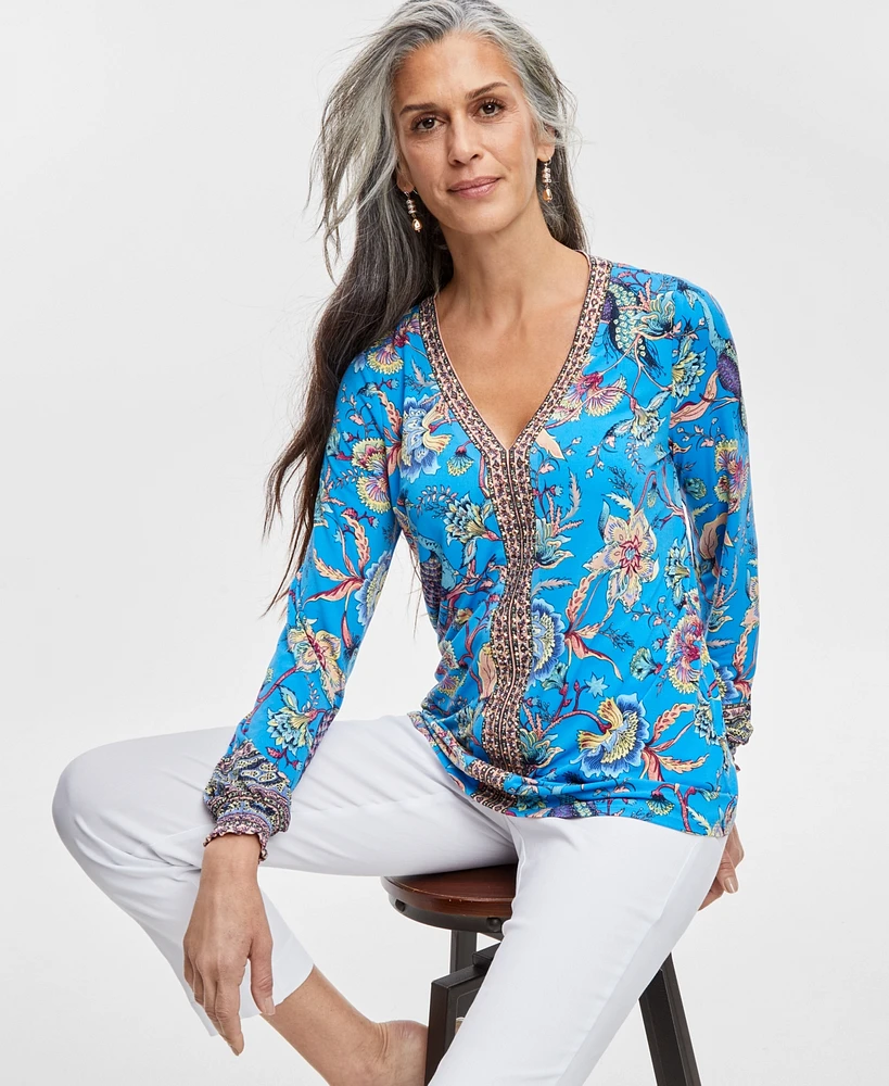 Jm Collection Women's Printed Split-Neck Long-Sleeve Top, Created for Macy's