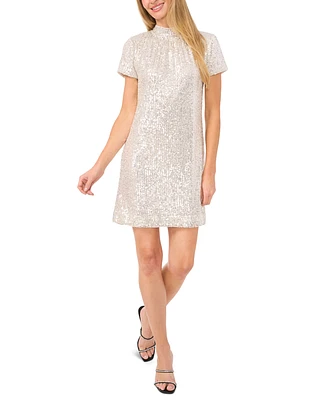 CeCe Women's Mock-Neck Short-Sleeve Sequin A-Line Dress