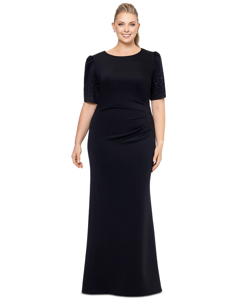 Xscape Plus Pleated-Waist Studded-Sleeve Gown