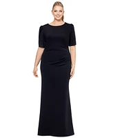 Xscape Plus Pleated-Waist Studded-Sleeve Gown