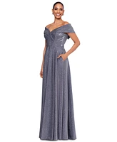 Xscape Women's Off-The-Shoulder V-Neck Glitter Gown