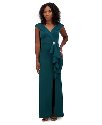 Jessica Howard Petite Ruffled Portrait-Collar Gown