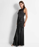 Dkny Women's Mesh-Yoke Cascading-Ruffle Evening Gown