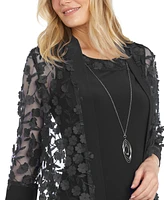 R & M Richards Petite 3D Floral Mesh Jacket Necklace Dress Set