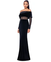 Betsy & Adam Women's Velvet and Mesh Off-The-Shoulder Gown