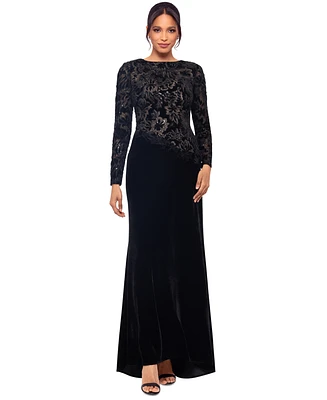 Betsy & Adam Petite Embroidered Velvet Evening Gown