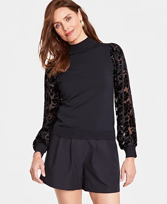 I.n.c. International Concepts Women's Velvet-Sleeve Sweater, Created for Macy's