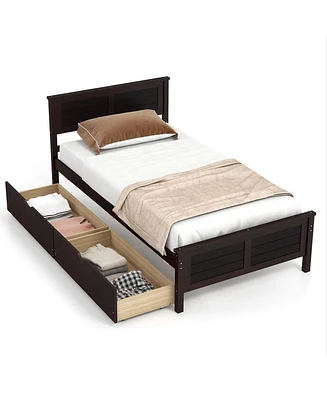 Gymax Twin Size Wooden Bed Frame with 2 Storage Drawers & Under-bed Storage Espresso