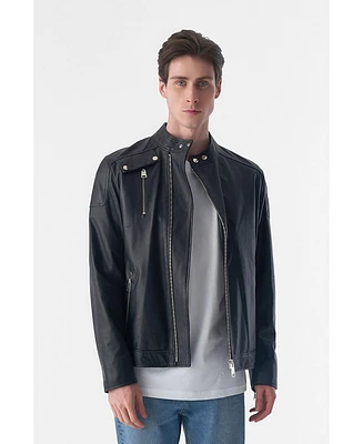 Men's Genuine Leather Snap Detail Jacket