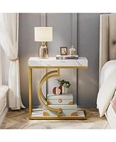 Tribesigns Narrow Side Table White Gold Side Table C Shaped End Table Modern Bedside Table Small Side Table for Couch, Sofa Table with Metal Frame for