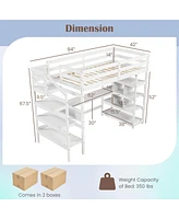 Gymax Twin Size Loft Bed w/ Desk & Storage Stairs Solid Wood Loft Bed Frame w/Shelves