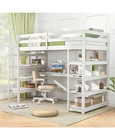 Gymax Twin Size Loft Bed w/ Desk & Storage Stairs Solid Wood Loft Bed Frame w/Shelves
