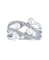 Bling Jewelry Crossover Criss Cross Stacking Style Fashion Statement White Pearl Band Ring For Women .925 Sterling Silver