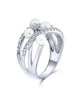 Bling Jewelry Crossover Criss Cross Stacking Style Fashion Statement White Pearl Band Ring For Women .925 Sterling Silver