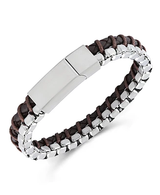 Rhona Sutton Silver Stainless Steel Contemporary Leather and Box Chain Bracelet