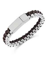 Rhona Sutton Silver Stainless Steel Contemporary Leather and Box Chain Bracelet