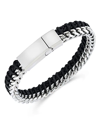 Rhona Sutton Silver Stainless Steel Contemporary Threaded Leather and Chain Bracelet