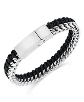 Rhona Sutton Silver Stainless Steel Contemporary Threaded Leather and Chain Bracelet