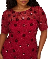 Adrianna Papell Plus Floral Sequin Elbow-Sleeve Sheath Dress